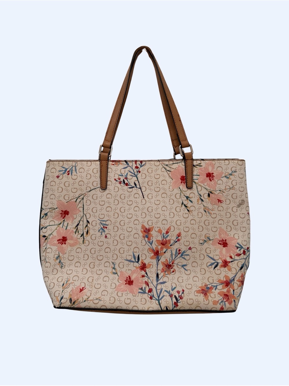 GUESS Beige Floral Tote with Tan Trim - Picture 6 of 6